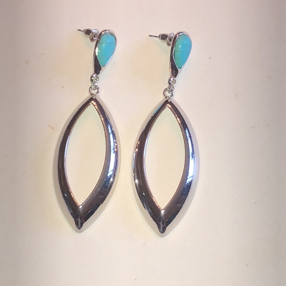 Turquoise Color Teardrop Silver Tone Drop Earrings
